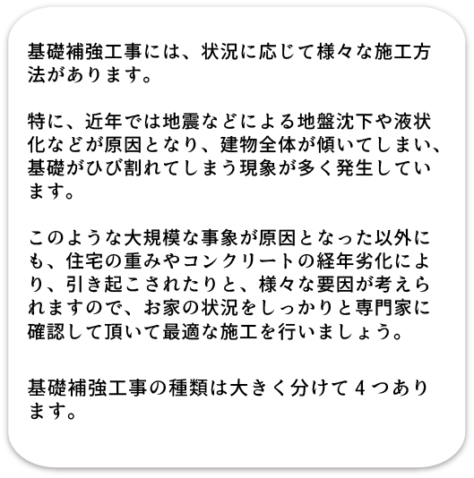 基礎補強工事には4つの種類があります。